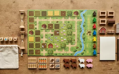 Flatlay-Arrangement rund um Brettspiel zum Thema Agricola, weiches Oberlicht, sachlich dargestellt, markenneutral - Foto: THN