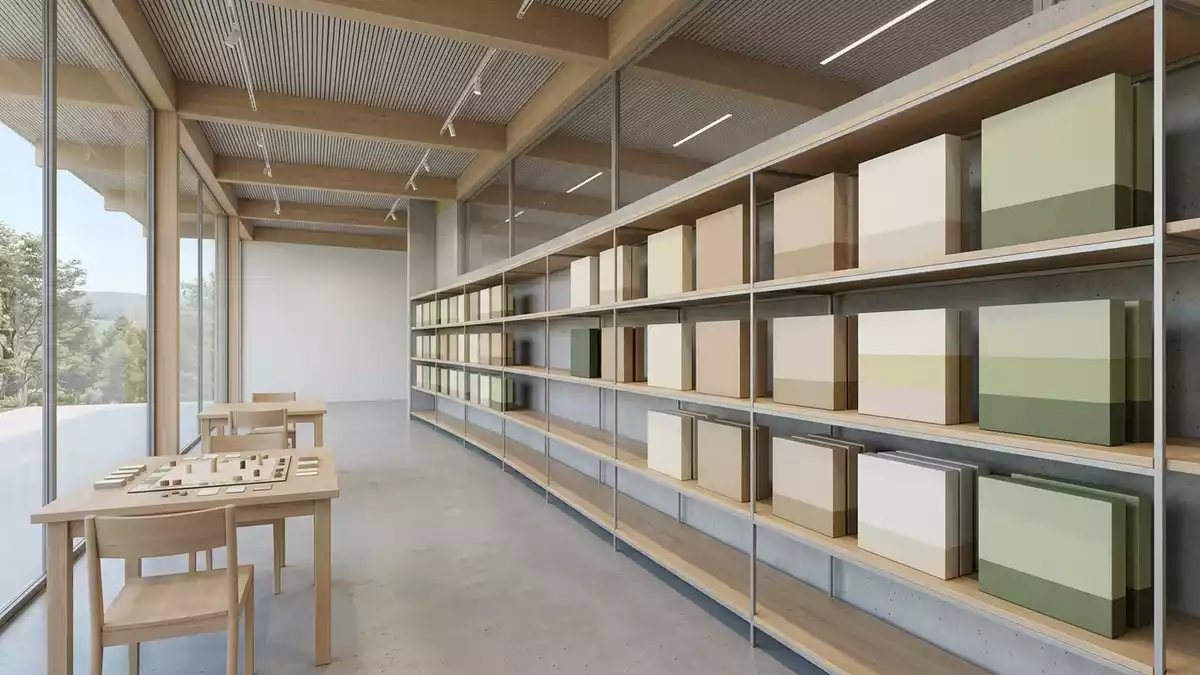 Architektur-Render im Spielefachgeschaeft mit Brettspiel im Ausstellungsbereich
