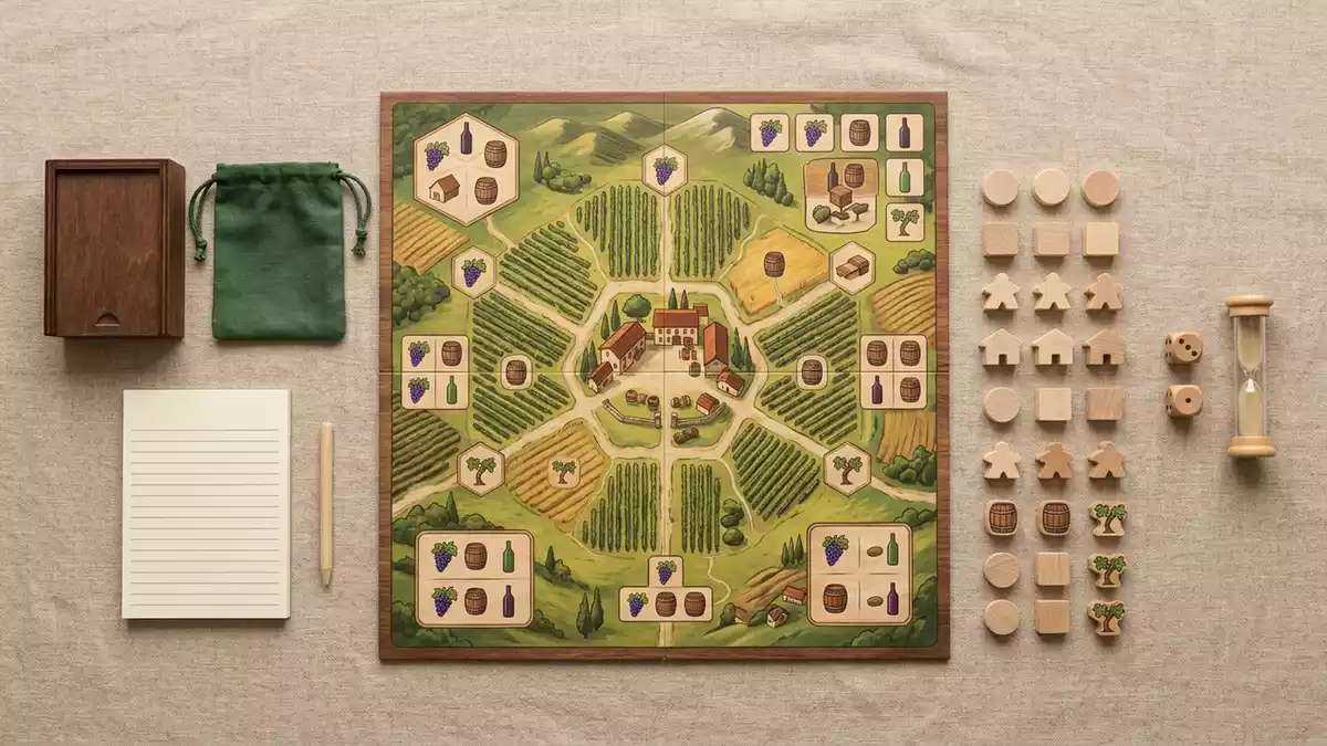 Flatlay-Arrangement rund um Brettspiel mit passenden Requisiten von oben, neutral