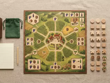 Flatlay-Arrangement rund um Brettspiel zum Thema Viticulture Essential Edition, weiches Oberlicht, sachlich dargestellt - Foto: THN