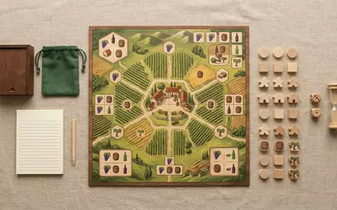Flatlay-Arrangement rund um Brettspiel zum Thema Viticulture Essential Edition, weiches Oberlicht, sachlich dargestellt - Foto: THN