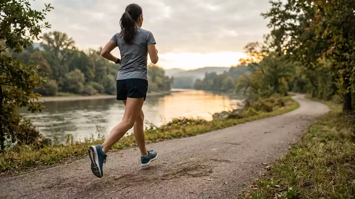 Fotorealistische Ansicht von Laufschuhe am Flussufer in realer Umgebung, neutral