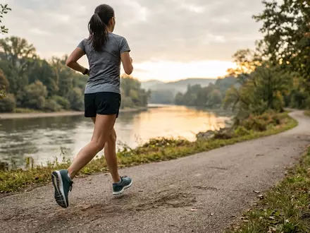 Fotorealistische Aufnahme von Laufschuhe am Flussufer zum Thema Brooks Ghost 16 Laufschuhe, natuerliches Licht - Foto: THN
