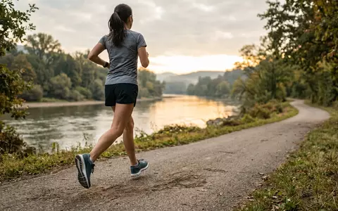 Fotorealistische Aufnahme von Laufschuhe am Flussufer zum Thema Brooks Ghost 16 Laufschuhe, natuerliches Licht - Foto: THN
