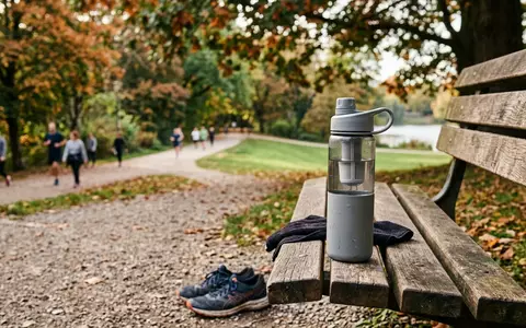 Fotorealistische Aufnahme von Filterflasche im Park zum Thema BRITA Active Trinkflasche mit, natuerliches Licht - Foto: THN