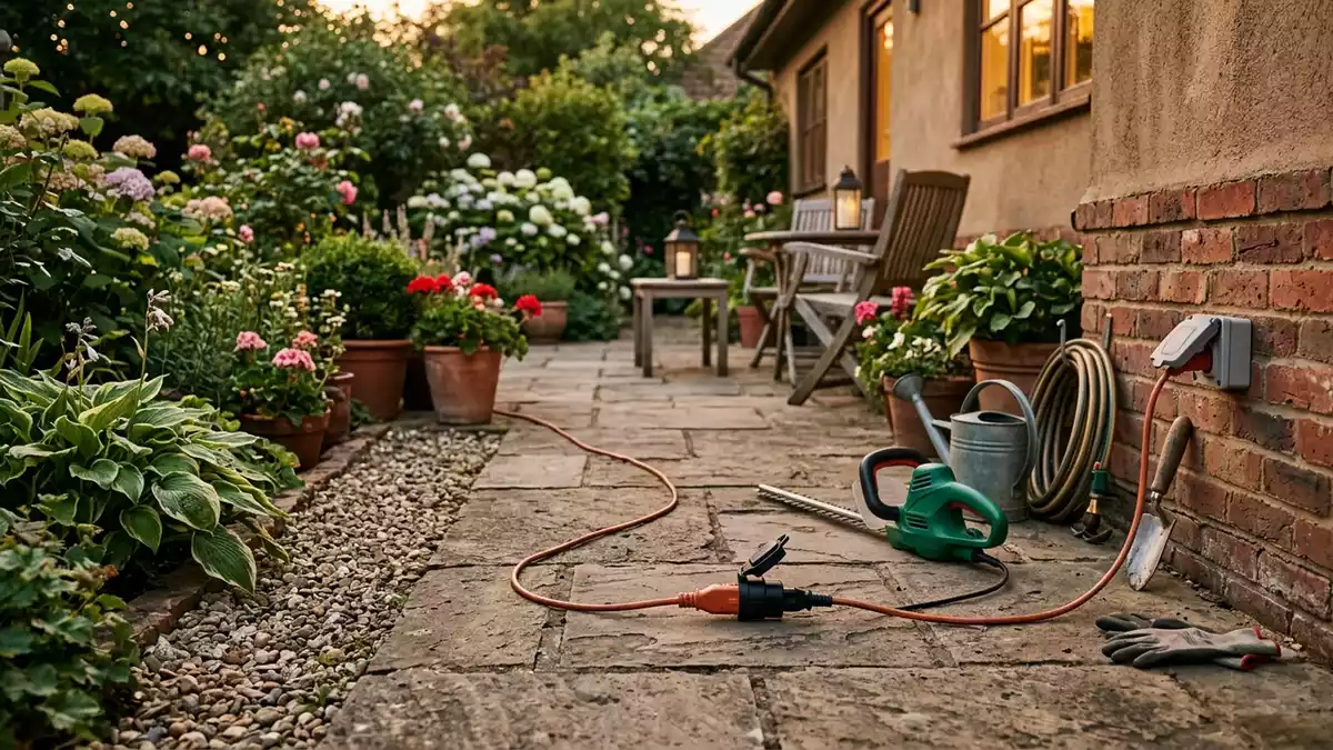 Fotorealistische Ansicht von Verlaengerungskabel auf der Terrasse in warmem Abendlicht