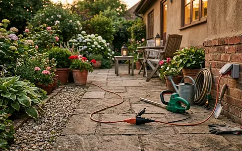 Fotorealistische Aufnahme von Verlaengerungskabel auf der Terrasse zum Thema Brennenstuhl Premium-Alu-Line Verlängerungskabel 5m, warmes Abendlicht - Foto: THN