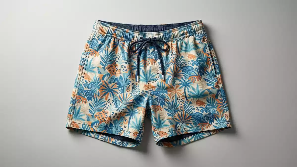 Fotorealistische Studioansicht von Badeshorts in neutraler Produktdarstellung, neutral