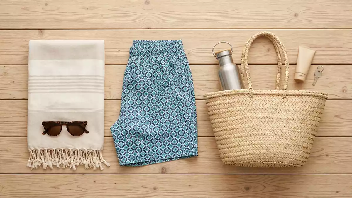 Flatlay-Arrangement rund um Badeshorts mit passenden Requisiten von oben, neutral