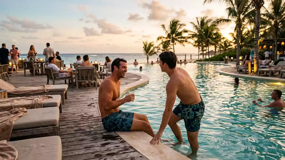 Fotorealistische Ansicht von Badeshorts am Pool in warmem Abendlicht, neutral