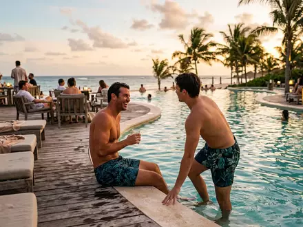 Fotorealistische Aufnahme von Badeshorts am Pool zum Thema RIPT Herren Badeshorts Tie-Dye, warmes Abendlicht - Foto: THN