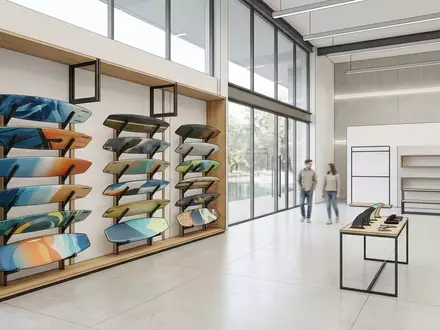Architektur-Render im Wassersportgeschaeft mit Wakeboard zum Thema Ronix One Wakeboard Carbon, neutrales Tageslicht - Foto: THN