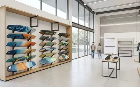 Architektur-Render im Wassersportgeschaeft mit Wakeboard zum Thema Ronix One Wakeboard Carbon, neutrales Tageslicht - Foto: THN