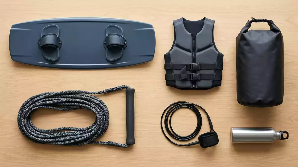 Flatlay-Arrangement rund um Wakeboard mit passenden Requisiten von oben, neutral