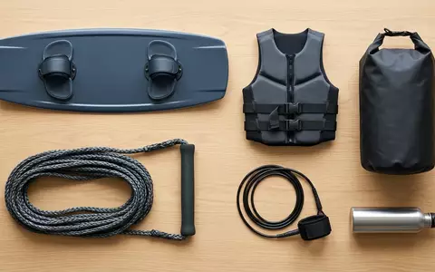 Flatlay-Arrangement rund um Wakeboard zum Thema Ronix One Wakeboard Carbon, weiches Oberlicht - Foto: THN