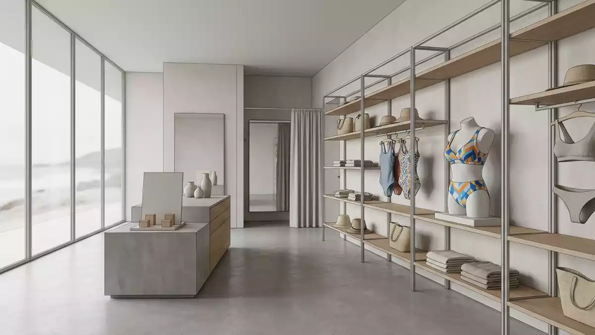 Architektur-Render im Strandmodegeschaeft mit Bikinioberteil im Ausstellungsbereich