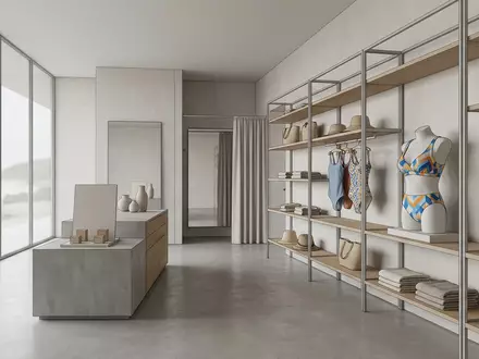 Architektur-Render im Strandmodegeschaeft mit Bikinioberteil zum Thema Rosa Faia Damen Bikini-Oberteil, neutrales Tageslicht - Foto: THN