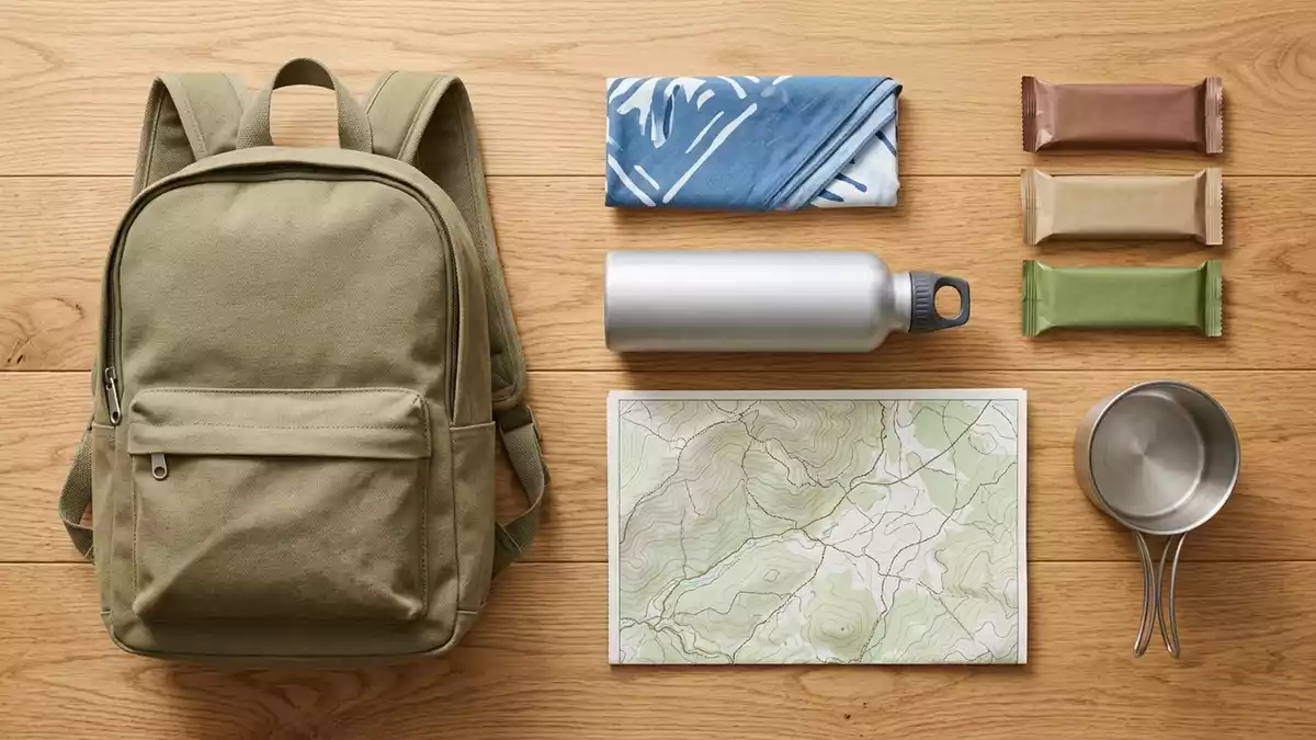 Flatlay-Arrangement rund um Aluminiumflasche mit passenden Requisiten von oben