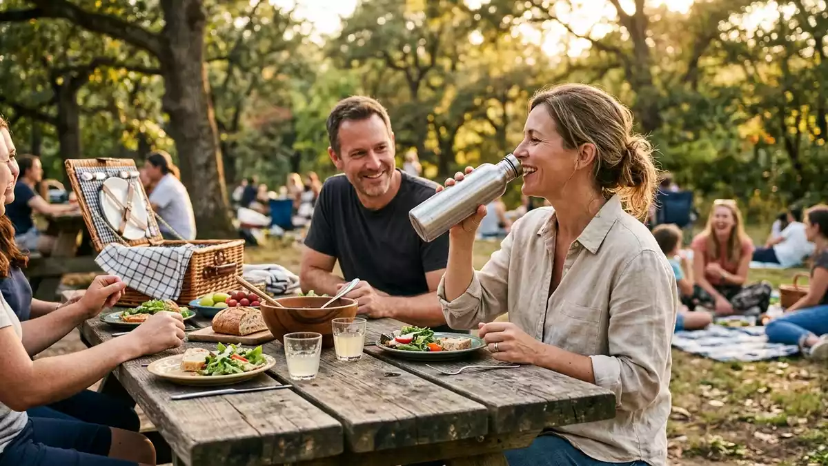 Fotorealistische Ansicht von Aluminiumflasche beim Picknick in warmem Abendlicht