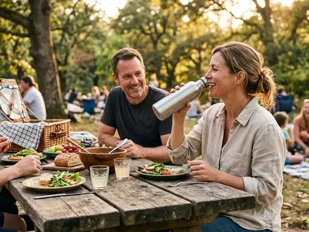 Fotorealistische Aufnahme von Aluminiumflasche beim Picknick zum Thema Sigg Classic Alu 750ml, warmes Abendlicht - Foto: THN