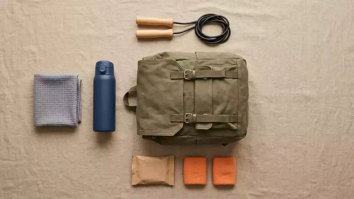 Flatlay-Arrangement rund um Trinkflasche mit passenden Requisiten von oben, neutral