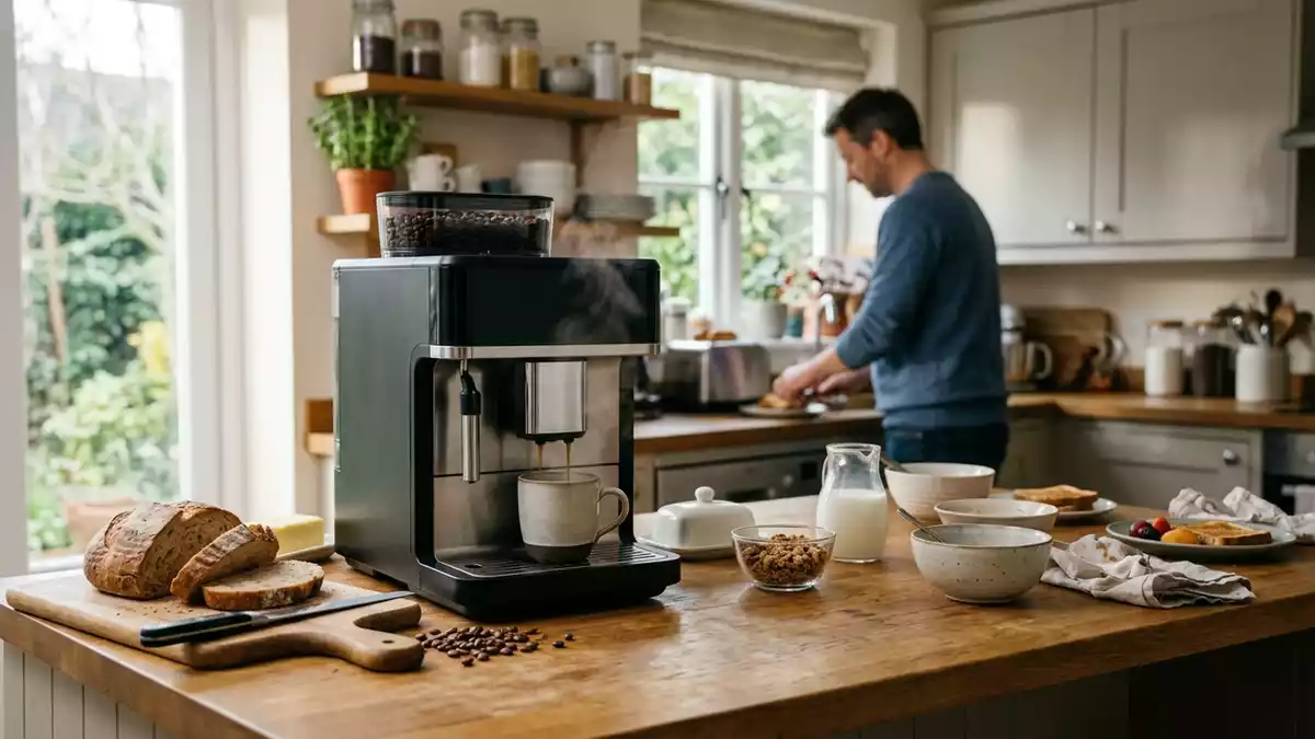 Fotorealistische Ansicht von Kaffeevollautomat in der Kueche in realer Umgebung