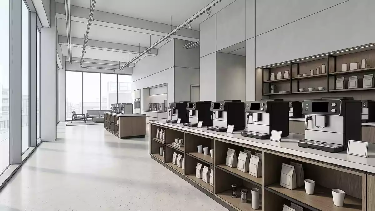 Architektur-Render im Kuechengeraetehaus mit Kaffeevollautomat im Ausstellungsbereich