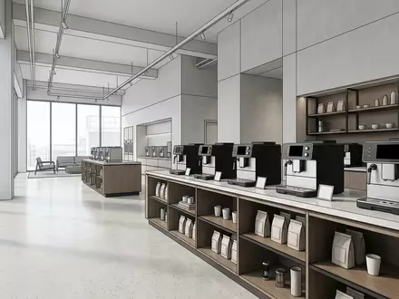 Architektur-Render im Kuechengeraetehaus mit Kaffeevollautomat zum Thema Siemens EQ.700 TP707D06 Kaffeevollautomat, neutrales Tageslicht - Foto: THN