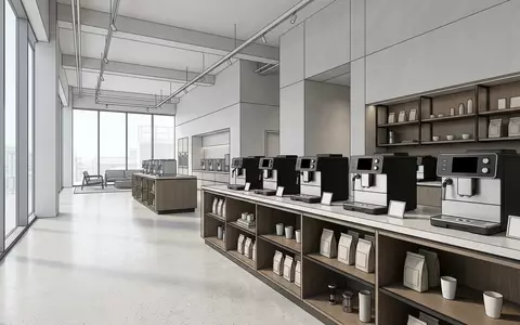 Architektur-Render im Kuechengeraetehaus mit Kaffeevollautomat zum Thema Siemens EQ.700 TP707D06 Kaffeevollautomat, neutrales Tageslicht - Foto: THN