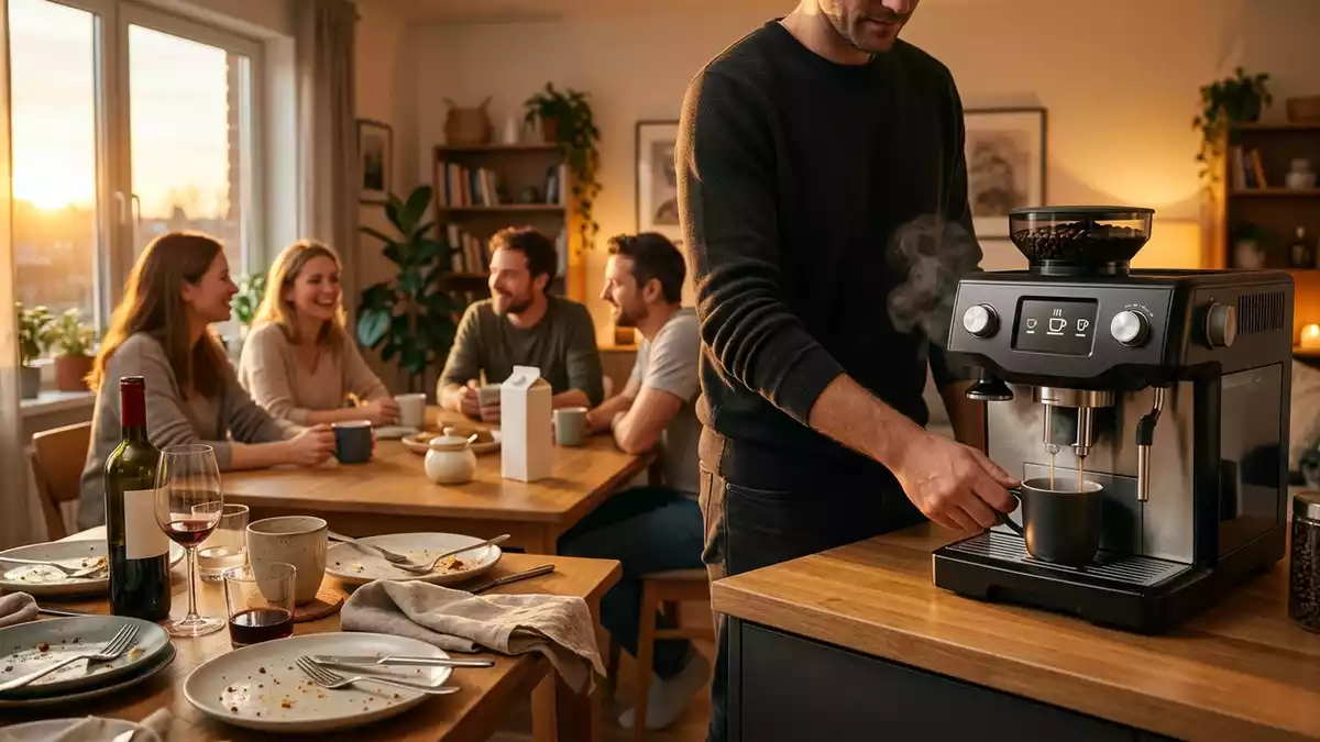 Fotorealistische Ansicht von Kaffeevollautomat im Essbereich in warmem Abendlicht
