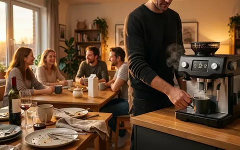 Fotorealistische Aufnahme von Kaffeevollautomat im Essbereich zum Thema Siemens EQ.700 TP707D06 Kaffeevollautomat, warmes Abendlicht - Foto: THN