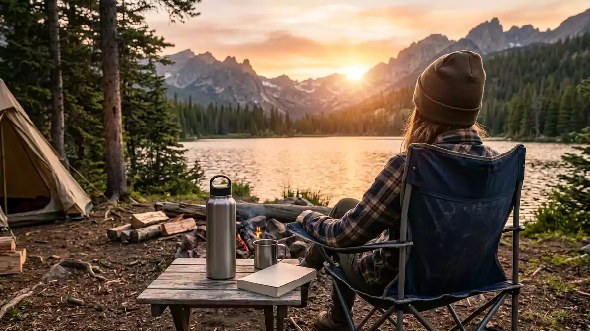Fotorealistische Ansicht von Isolierflasche beim Camping in warmem Abendlicht, neutral