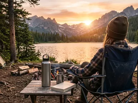 Fotorealistische Aufnahme von Isolierflasche beim Camping zum Thema Sigg Hot & Cold, warmes Abendlicht - Foto: THN