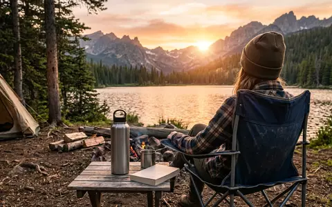 Fotorealistische Aufnahme von Isolierflasche beim Camping zum Thema Sigg Hot & Cold, warmes Abendlicht - Foto: THN