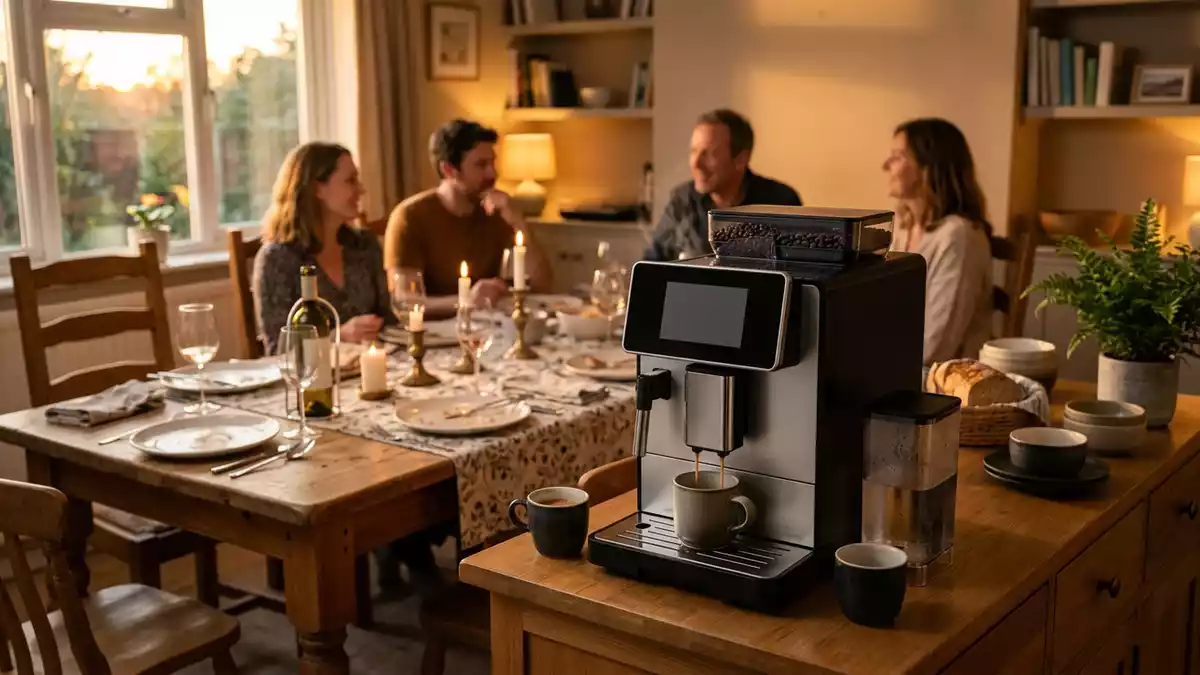 Fotorealistische Ansicht von Kaffeevollautomat im Essbereich in warmem Abendlicht