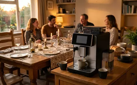 Fotorealistische Aufnahme von Kaffeevollautomat im Essbereich zum Thema Siemens EQ.900 TQ907D03 Kaffeevollautomat, warmes Abendlicht - Foto: THN