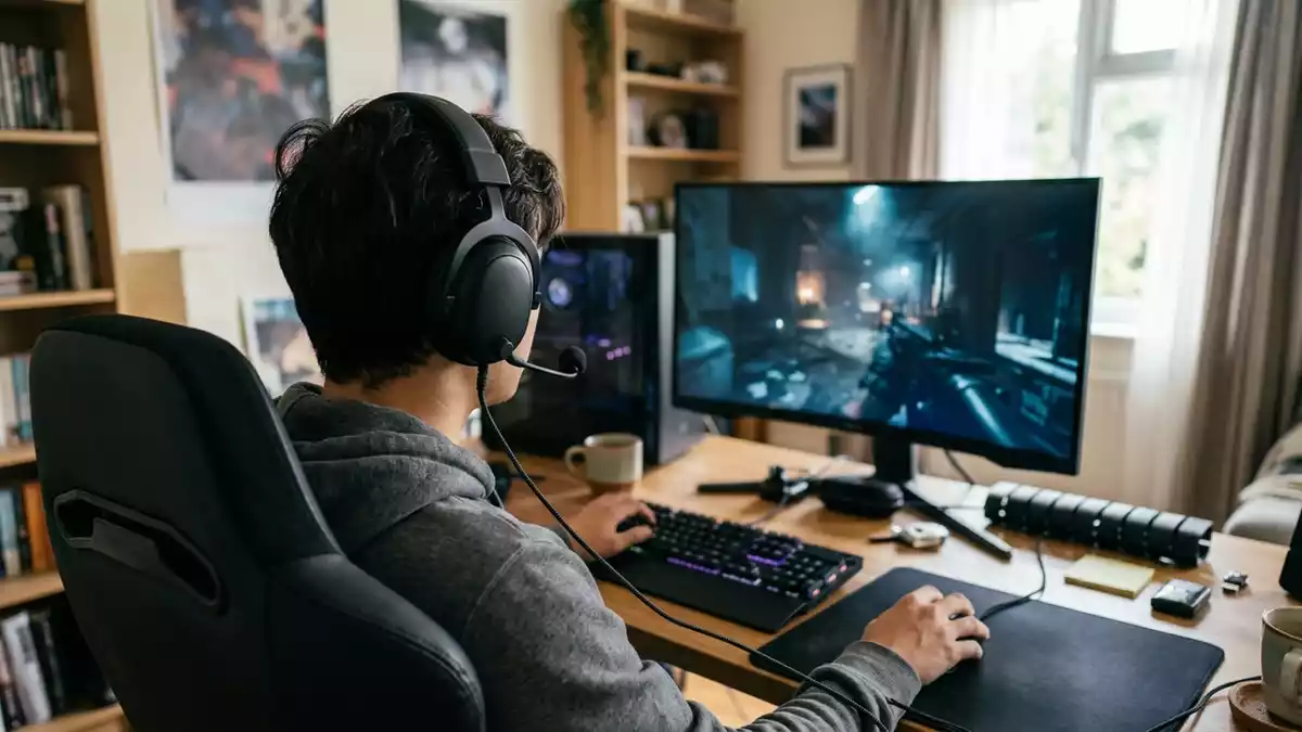Fotorealistische Ansicht von Gaming-Headset am Schreibtisch in realer Umgebung