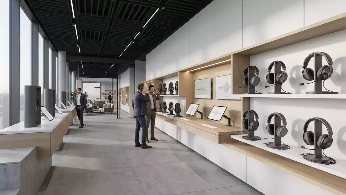 Architektur-Render im Elektronikgeschaeft mit Gaming-Headset im Ausstellungsbereich