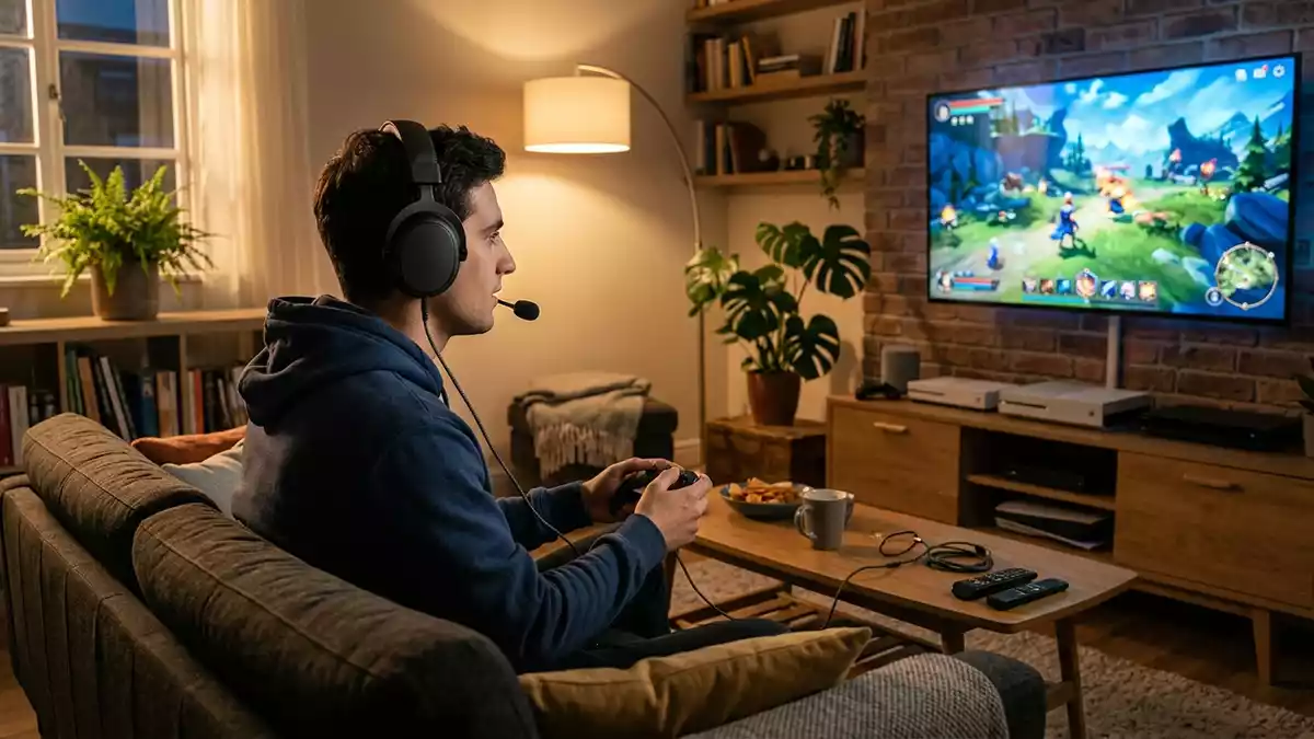 Fotorealistische Ansicht von Gaming-Headset im Wohnzimmer in warmem Abendlicht