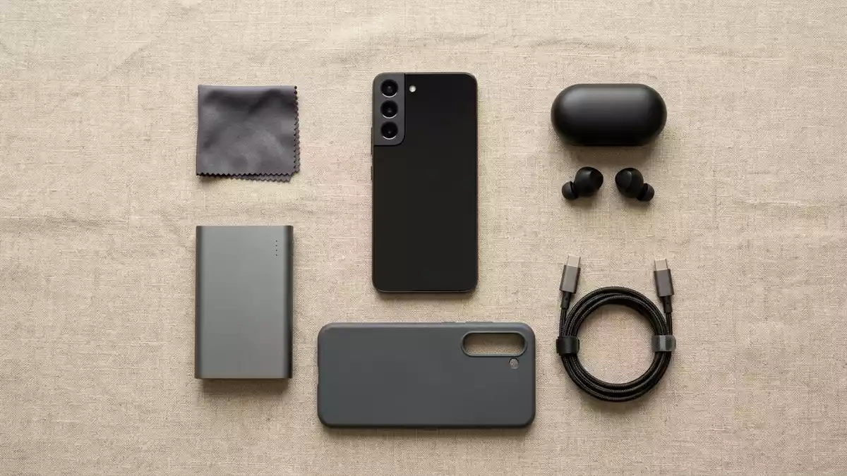 Flatlay-Arrangement rund um Smartphone mit passenden Requisiten von oben, neutral