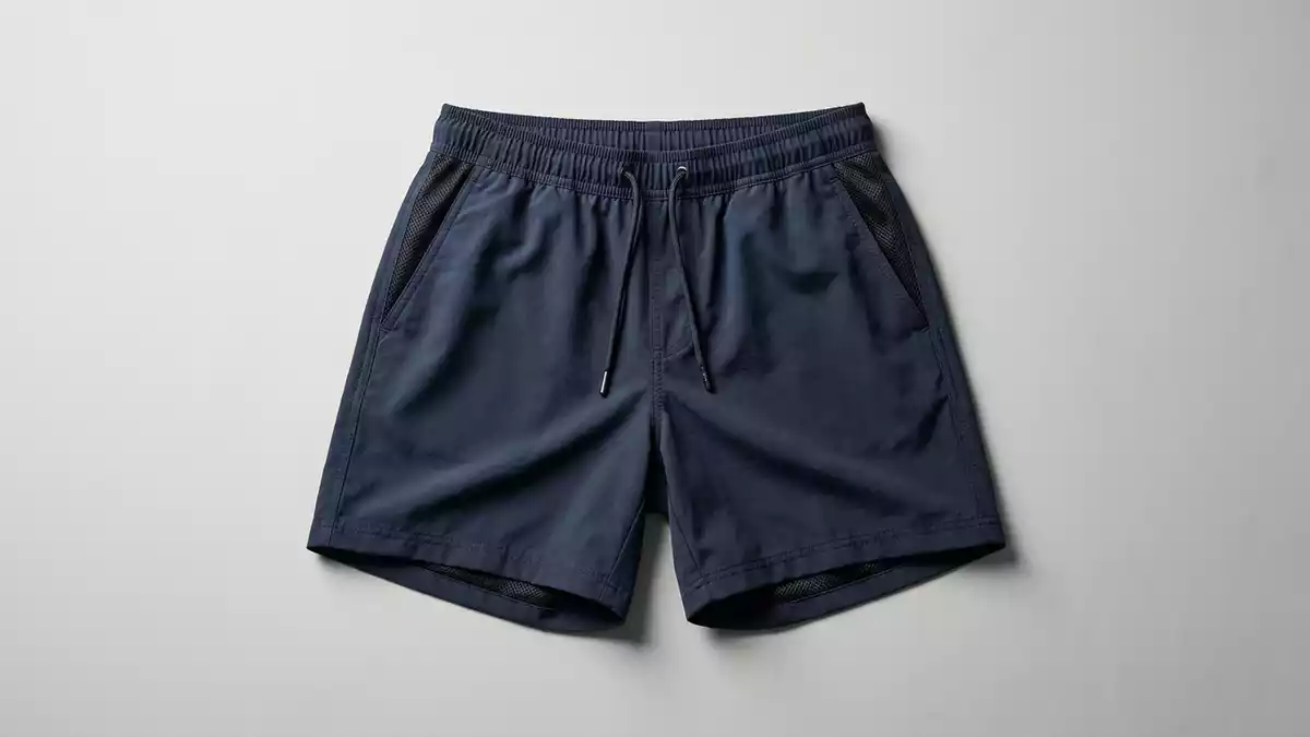 Fotorealistische Studioansicht von Badeshorts in neutraler Produktdarstellung, neutral