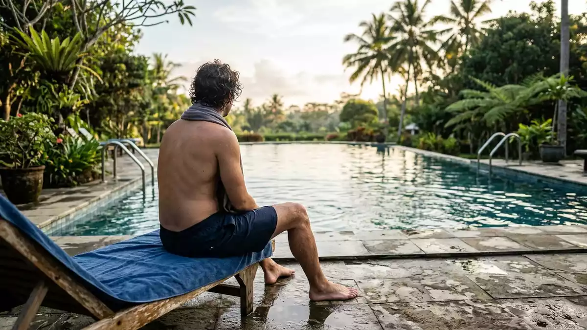Fotorealistische Ansicht von Badeshorts am Pool in realer Umgebung, sachlich dargestellt