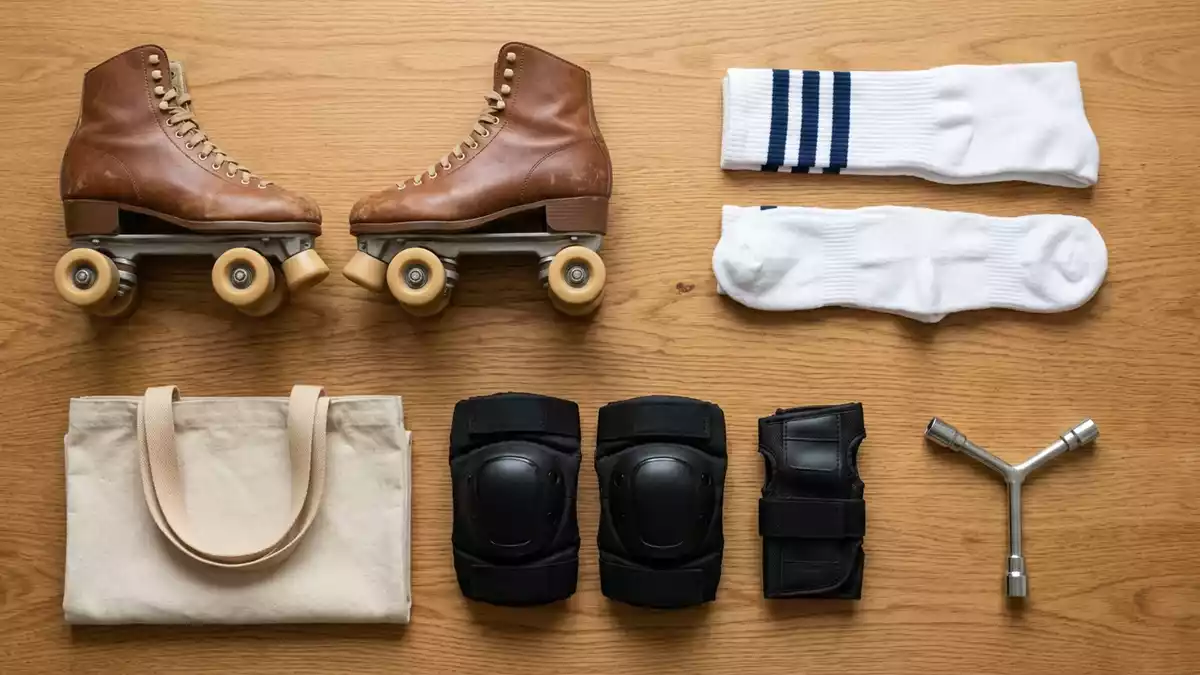 Flatlay-Arrangement rund um Rollschuhe mit passenden Requisiten von oben, neutral