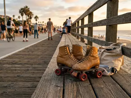 Fotorealistische Aufnahme von Rollschuhe an der Promenade zum Thema Moxi Lolly Rollschuhe Damen, warmes Abendlicht - Foto: THN