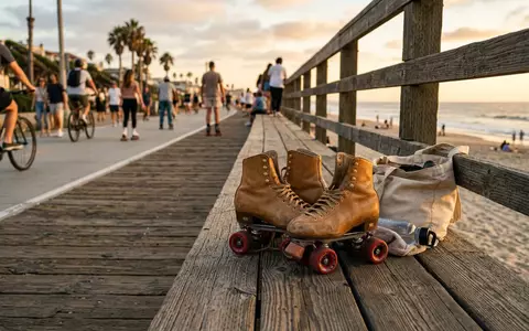 Fotorealistische Aufnahme von Rollschuhe an der Promenade zum Thema Moxi Lolly Rollschuhe Damen, warmes Abendlicht - Foto: THN