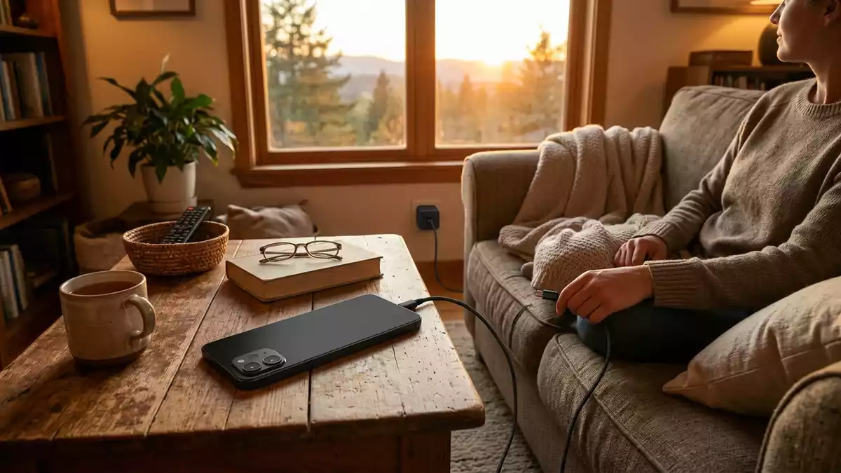 Fotorealistische Ansicht von Smartphone im Wohnzimmer in warmem Abendlicht, neutral