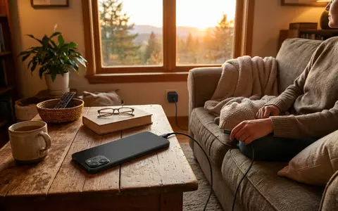 Fotorealistische Aufnahme von Smartphone im Wohnzimmer zum Thema Motorola Moto G85 5G, warmes Abendlicht - Foto: THN