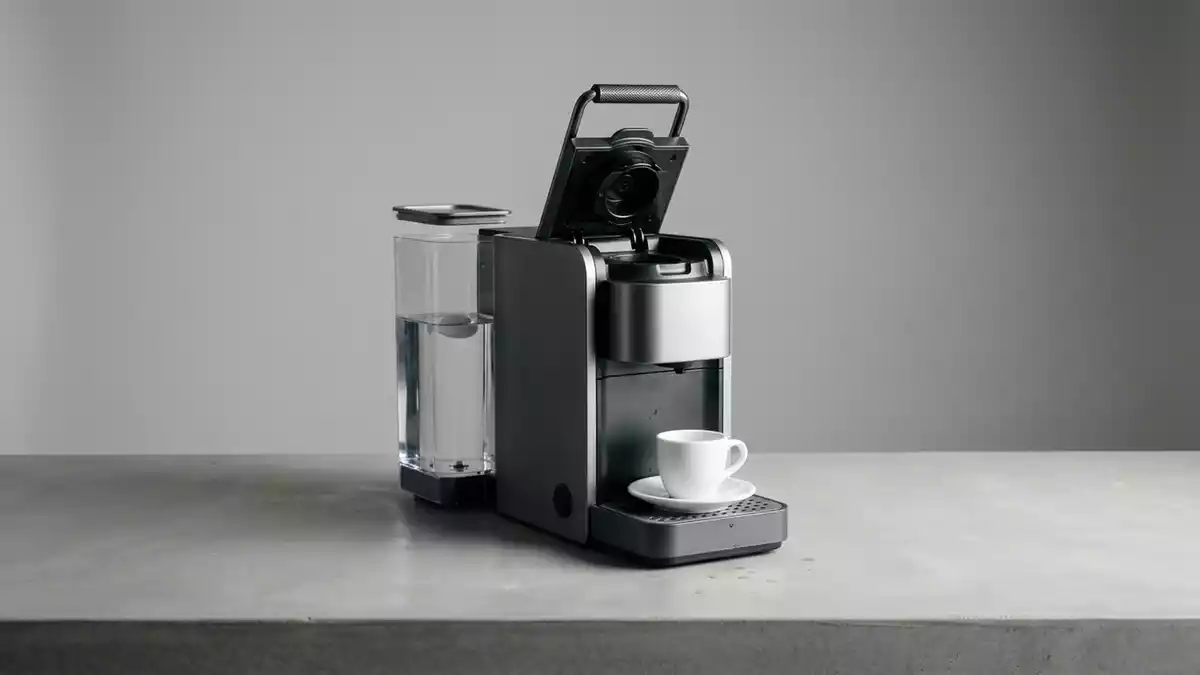 Fotorealistische Studioansicht von Kapselkaffeemaschine in neutraler Produktdarstellung