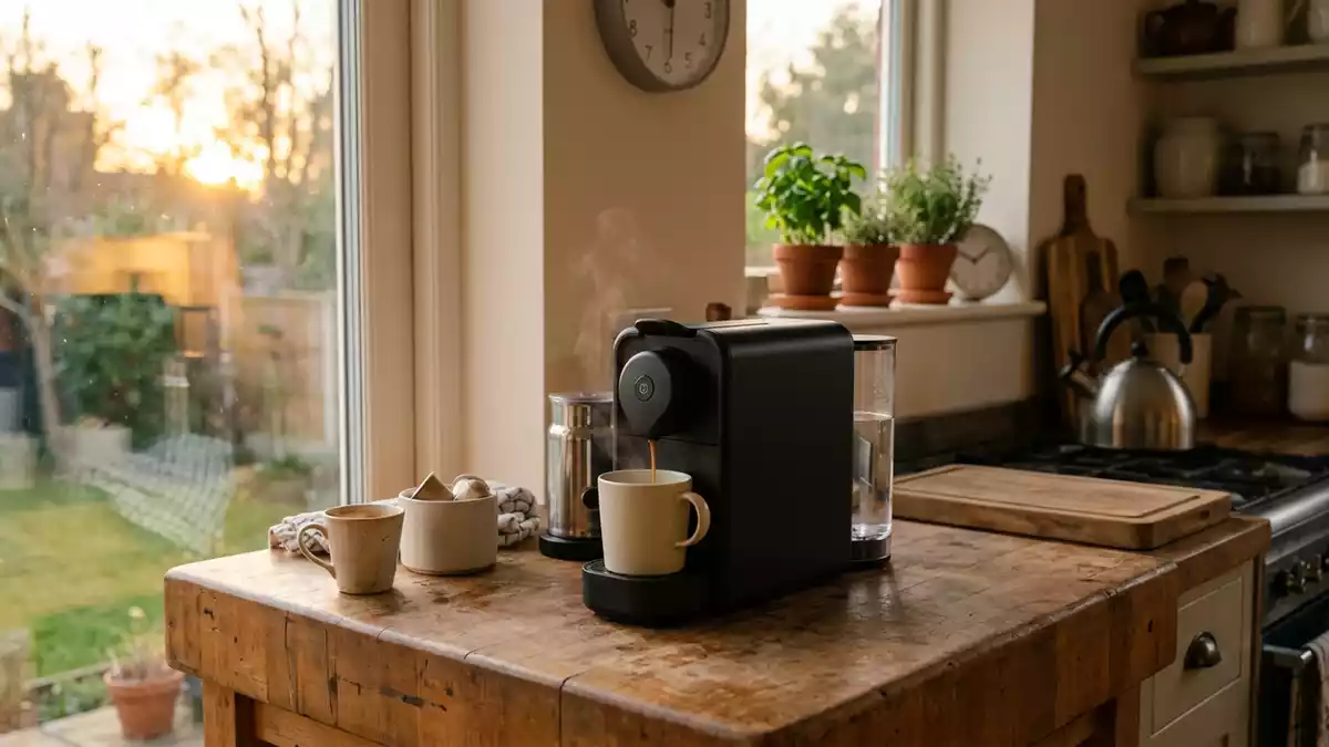Fotorealistische Ansicht von Kapselkaffeemaschine in der Kueche in warmem Abendlicht
