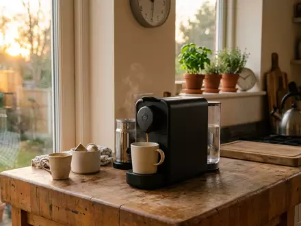 Fotorealistische Aufnahme von Kapselkaffeemaschine in der Kueche zum Thema Bosch TAS6504 Tassimo Suny, warmes Abendlicht - Foto: THN